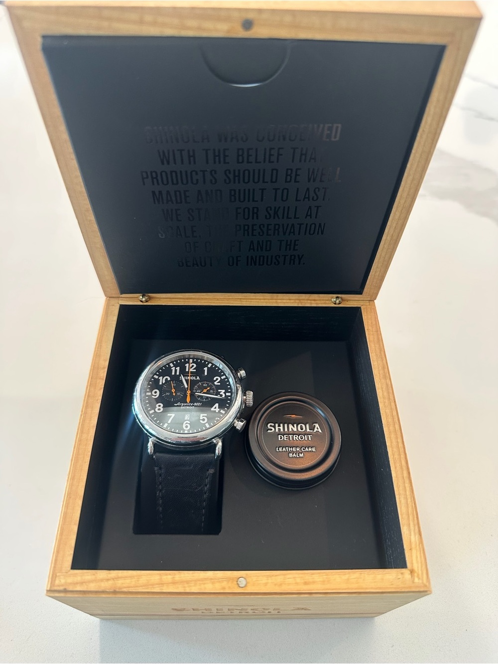 Shinola Black Dial Chronograph with Orange Accents. Includes Box & Papers